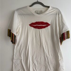 Sachin + Babi White Tee with Red Lips and Multicolor Fringe